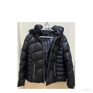GUESS Black Shiny Puffer With Faux Fur Hoodie Ladies Size XL